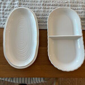 Set of 2 White Ceramic  Oval  Serving Dishes platters